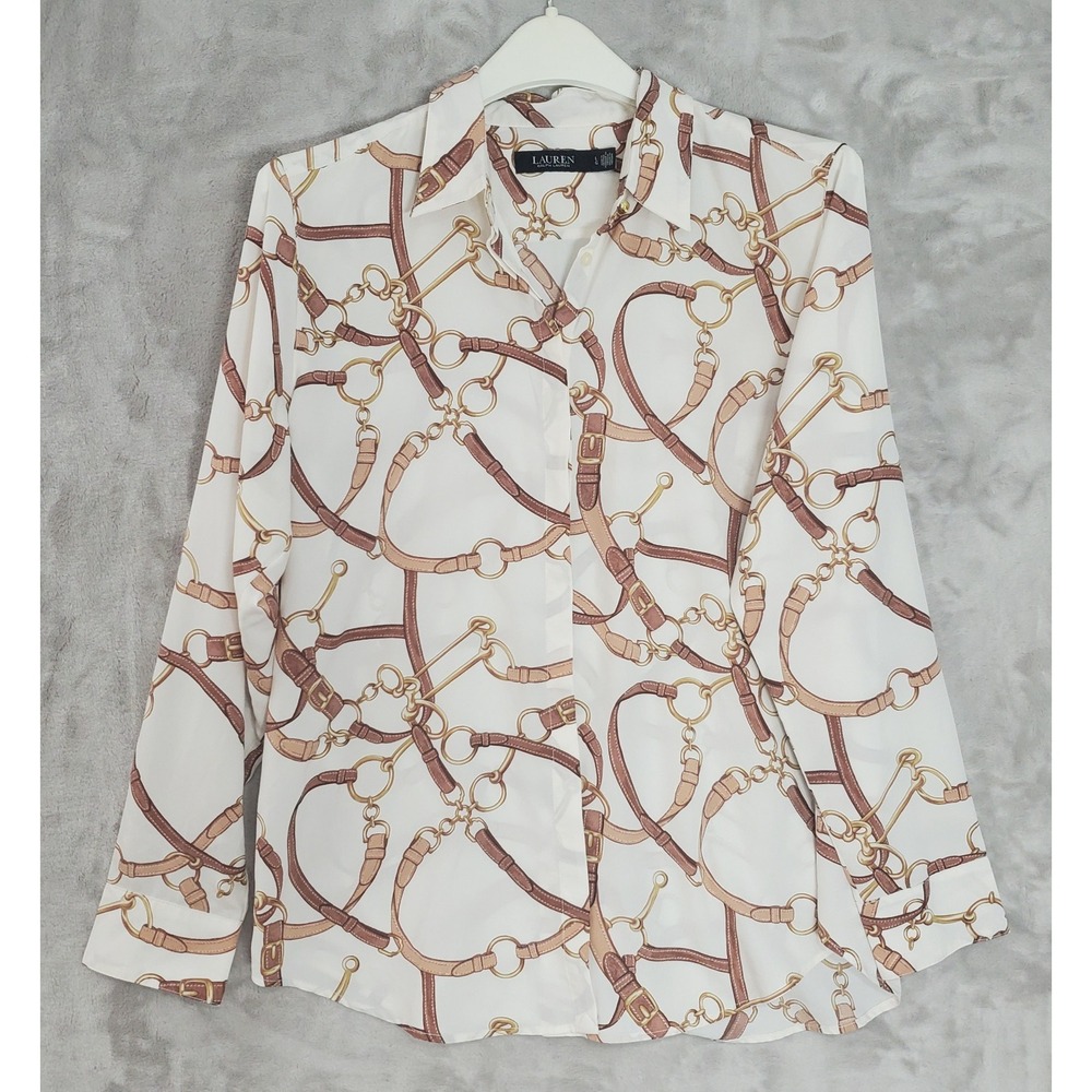 Lauren Ralph Lauren Blouse Equestrian Belting Print Womens L Button Up Cream